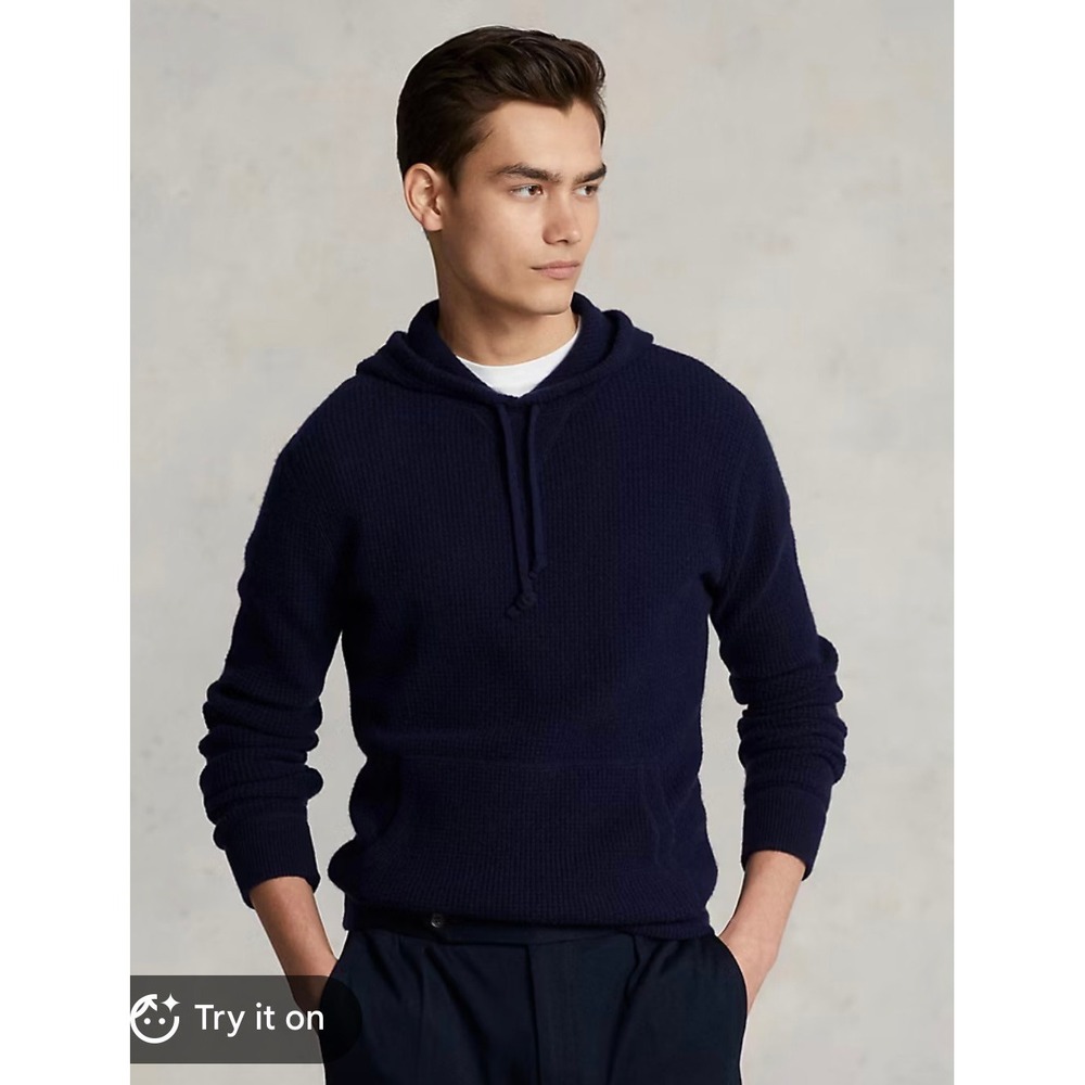 Abercrombie & Fitch Mens Navy Cotton Cashmere Waffle Knit Hooded Sweater Medium